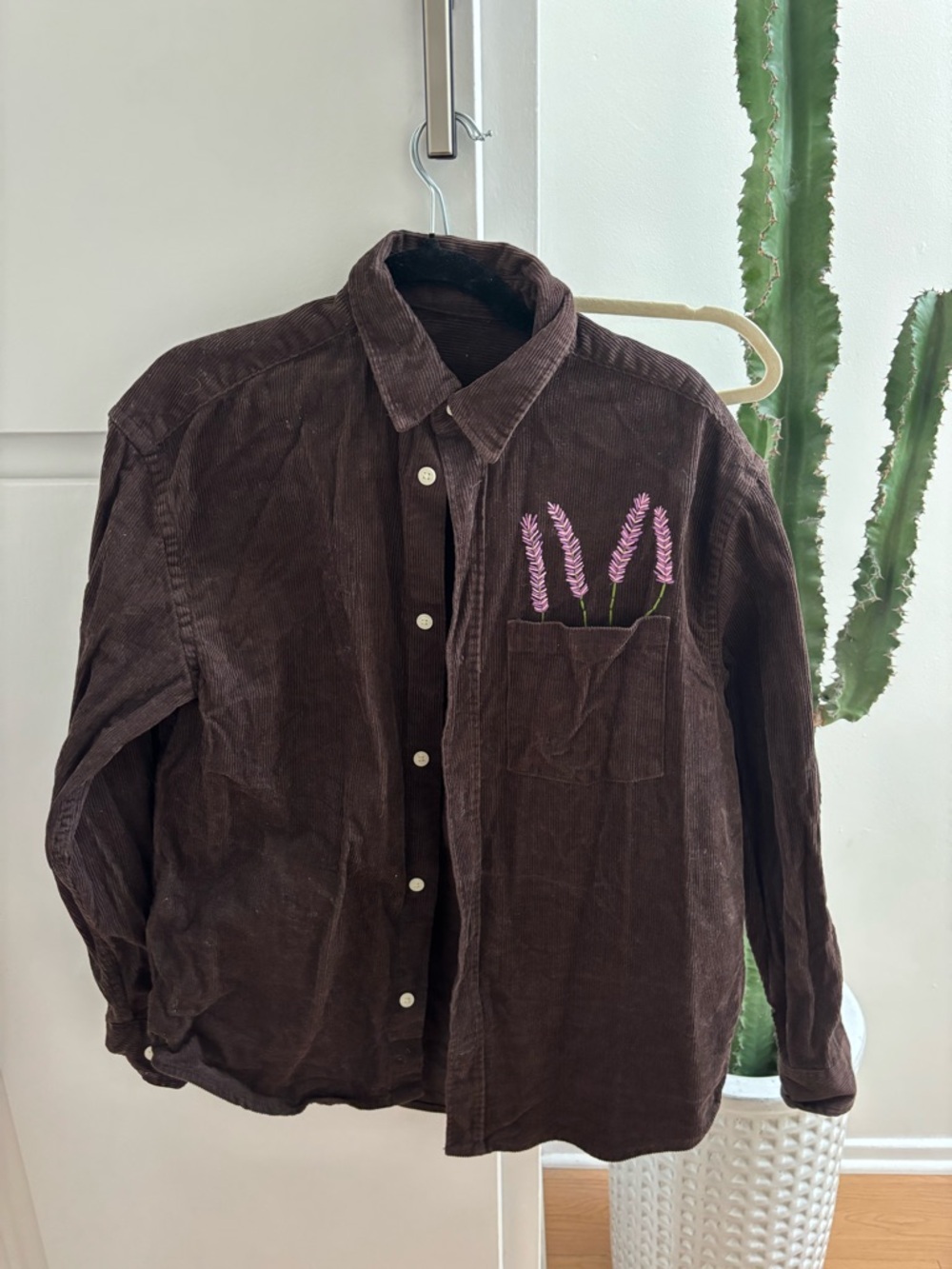 Brown Corduroy Button-Up Shirt with Pink Embroidered Flowers